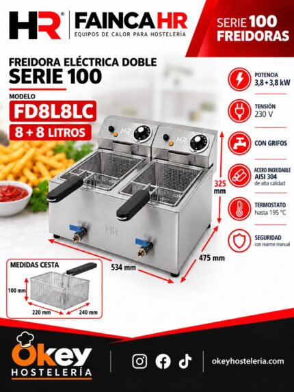 Freidora Doble Electrica HR 8+8 Litros con Grifo